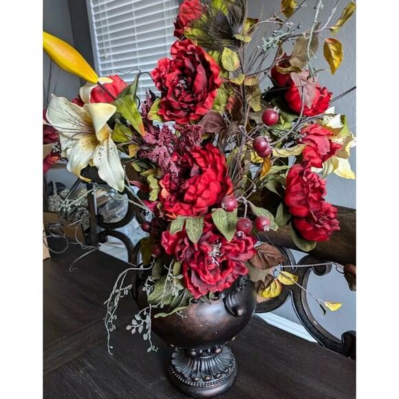 Silk Fall Floral Arrangement Metal Urn Vase Red Roses Yellow Lilies Flowers - Picture 4 of 6